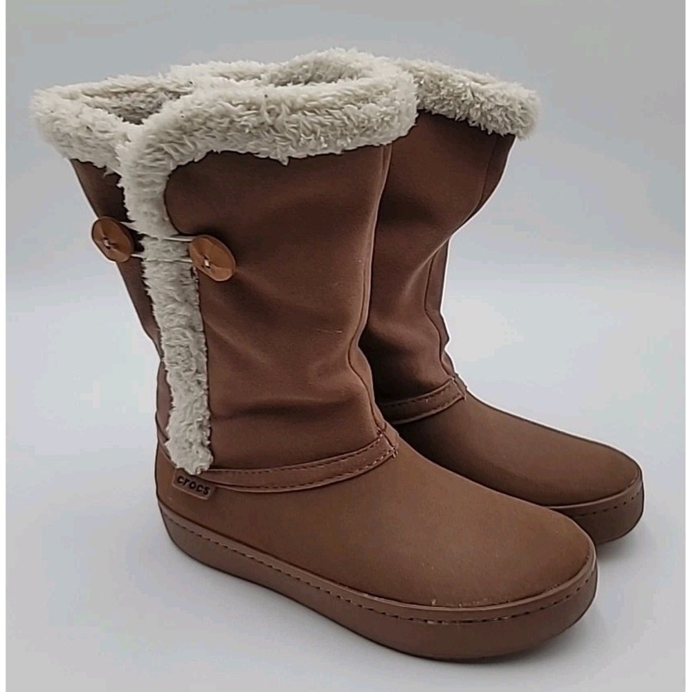Crocs Faux Fur Winter Boots Slip On Womens Size 8‎ Tan Brown